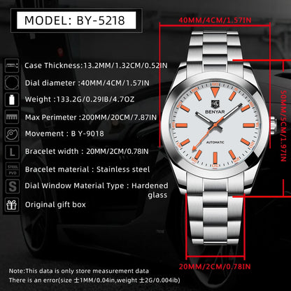 2025 New BENYAR Men's Watches Top Luxury Automatic Watch For Men Mechanical Wristwatches Stainless Steel Luminous Clock With Box