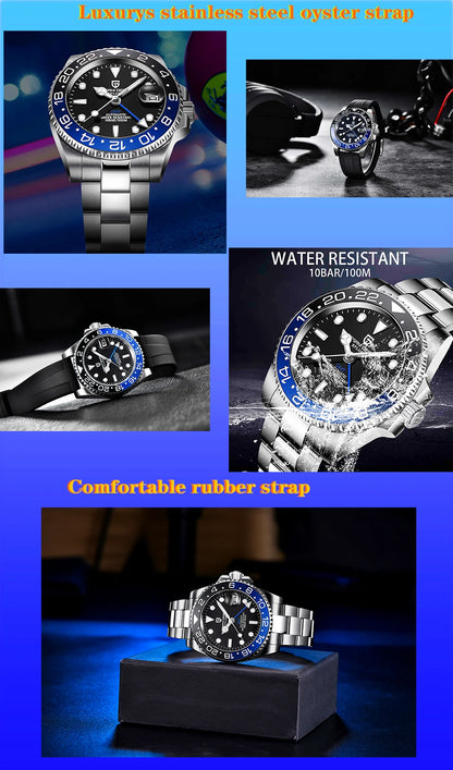 PAGANI DESIGN New GMT Men's Watch Luxury Sapphire Automatic Mechanical Watch 40MM Stainless Steel 100M Waterproof Watch
