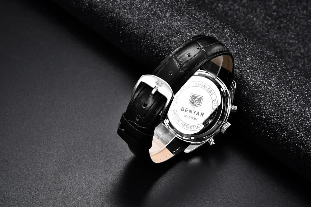 BENYAR New Men Watch 30ATM Waterproof Stainless Steel Quartz Wristwatches Luxury Leather Military Chronograph Watch reloj hombre