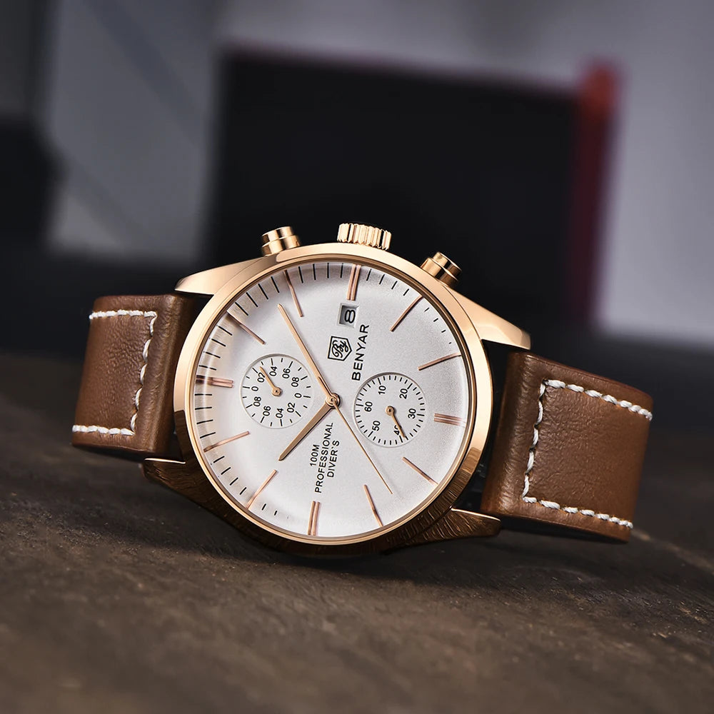 2024 New BENYAR Leather Men Quartz Wristwatches Luxury Brand 100M Waterproof Men Watch Military Sports Chronograph Watch for Men