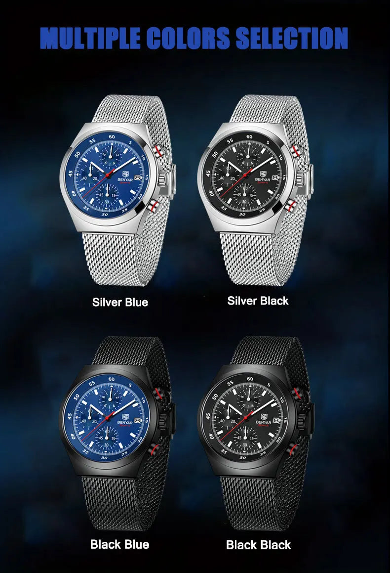 Benyar Men's Quartz Watch Simple Design Waterproof Chronograph Sports Watch Luminous Timer Stopwatch Business Wristwatch For Man