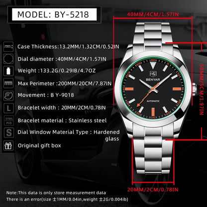 2025 New BENYAR Men's Watches Top Luxury Automatic Watch For Men Mechanical Wristwatches Stainless Steel Luminous Clock With Box