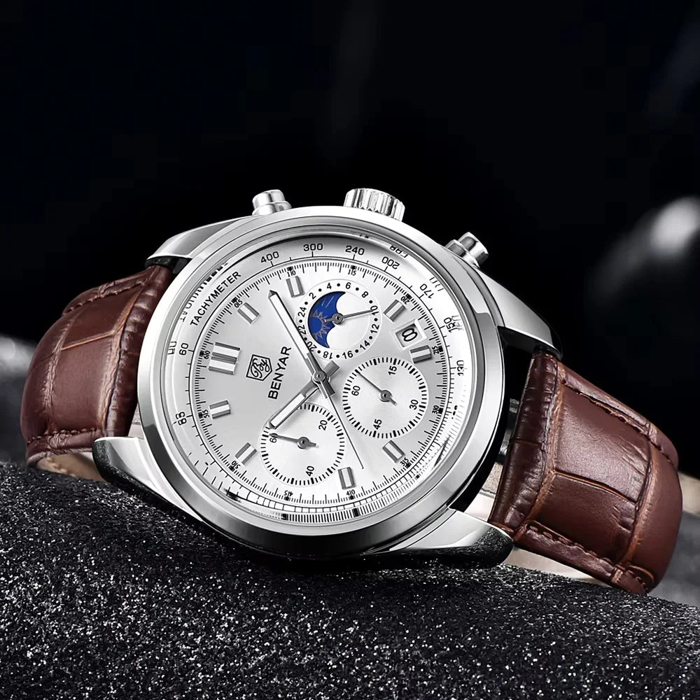 BENYAR New Men Watch 30ATM Waterproof Stainless Steel Quartz Wristwatches Luxury Leather Military Chronograph Watch reloj hombre