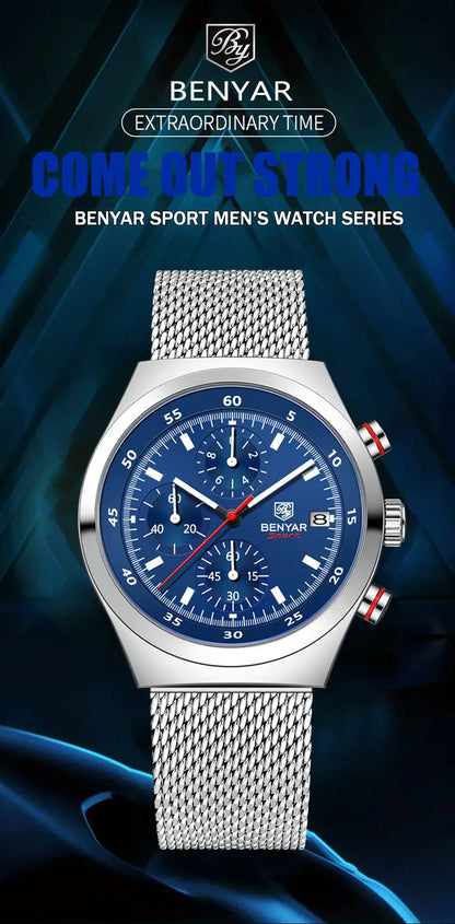Benyar Men's Quartz Watch Simple Design Waterproof Chronograph Sports Watch Luminous Timer Stopwatch Business Wristwatch For Man