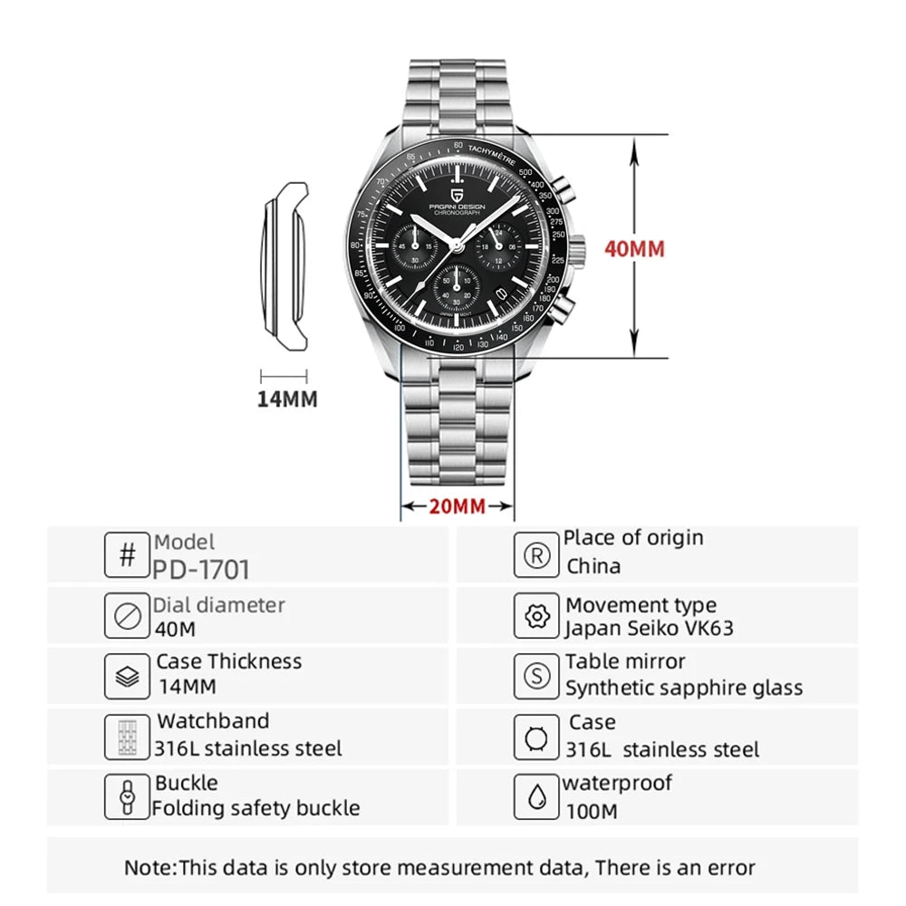 PAGANI DESIGN 2025 New Moon Watch For Men Quartz Multifunction Chronograph Sports Mens Watches Top Brand Luxury Sapphire Mirror