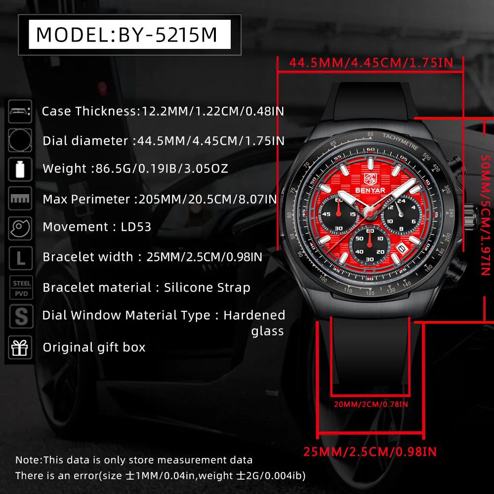 BENYAR 2025 44MM Multi functional Complex Luxury Men Quartz Watches Waterproof Stainless Steel Men Chronograph Gift With Box