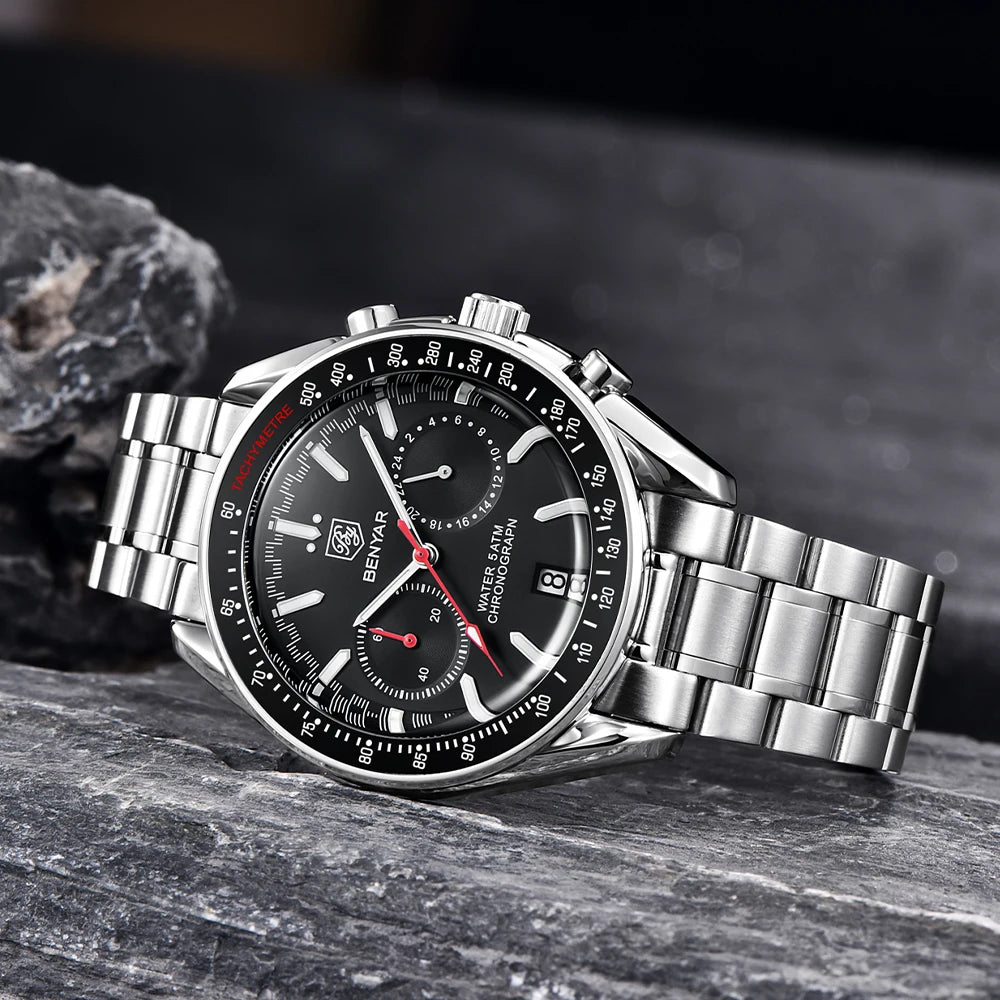 BENYAR Novo Relógio de Pulso de Luxo para Homem com Quartzo, Marca Topo, Resistente à Água até 50M, Bracelete em Aço Inoxidável, Relógio Cronógrafo Casual para Homem