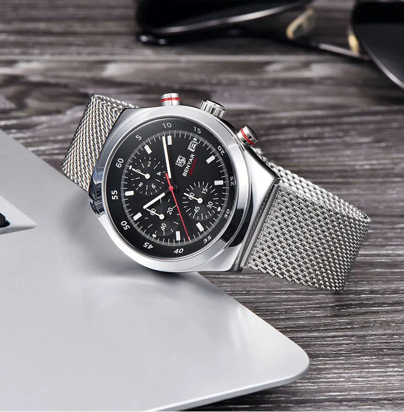 Benyar Men's Quartz Watch Simple Design Waterproof Chronograph Sports Watch Luminous Timer Stopwatch Business Wristwatch For Man