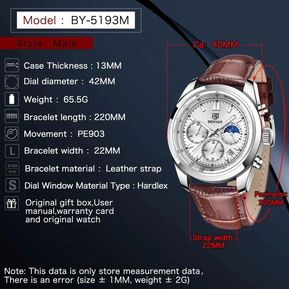 BENYAR New Men Watch 30ATM Waterproof Stainless Steel Quartz Wristwatches Luxury Leather Military Chronograph Watch reloj hombre