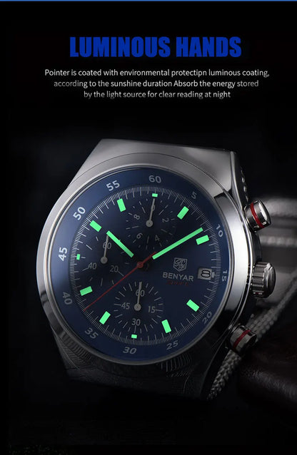 Benyar Men's Quartz Watch Simple Design Waterproof Chronograph Sports Watch Luminous Timer Stopwatch Business Wristwatch For Man