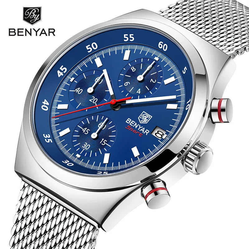 Benyar Men's Quartz Watch Simple Design Waterproof Chronograph Sports Watch Luminous Timer Stopwatch Business Wristwatch For Man