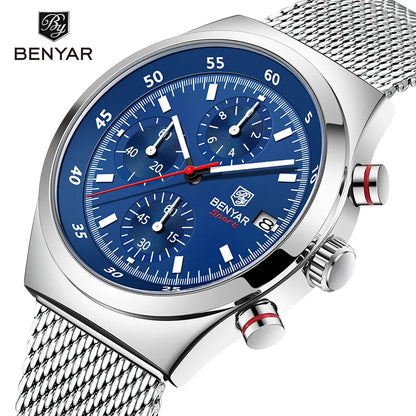 Benyar Men's Quartz Watch Simple Design Waterproof Chronograph Sports Watch Luminous Timer Stopwatch Business Wristwatch For Man