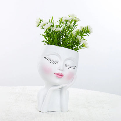Face Flower Pot Sleeping Beauty Smooth Edge Human Head Planter Decorative Artistic Resin Drainage Plant Pot For Garden