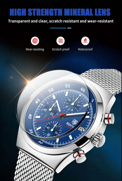 Benyar Men's Quartz Watch Simple Design Waterproof Chronograph Sports Watch Luminous Timer Stopwatch Business Wristwatch For Man
