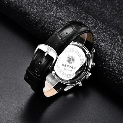 BENYAR New Men Watch 30ATM Waterproof Stainless Steel Quartz Wristwatches Luxury Leather Military Chronograph Watch reloj hombre