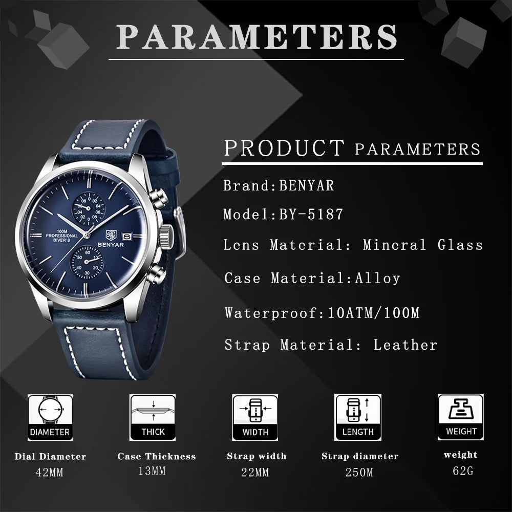 2024 New BENYAR Leather Men Quartz Wristwatches Luxury Brand 100M Waterproof Men Watch Military Sports Chronograph Watch for Men