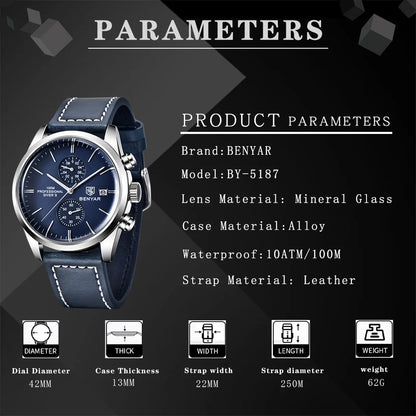 2024 New BENYAR Leather Men Quartz Wristwatches Luxury Brand 100M Waterproof Men Watch Military Sports Chronograph Watch for Men