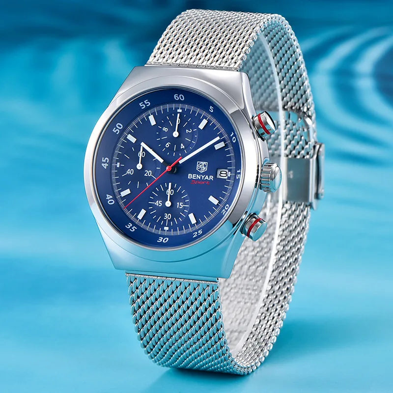 Benyar Men's Quartz Watch Simple Design Waterproof Chronograph Sports Watch Luminous Timer Stopwatch Business Wristwatch For Man