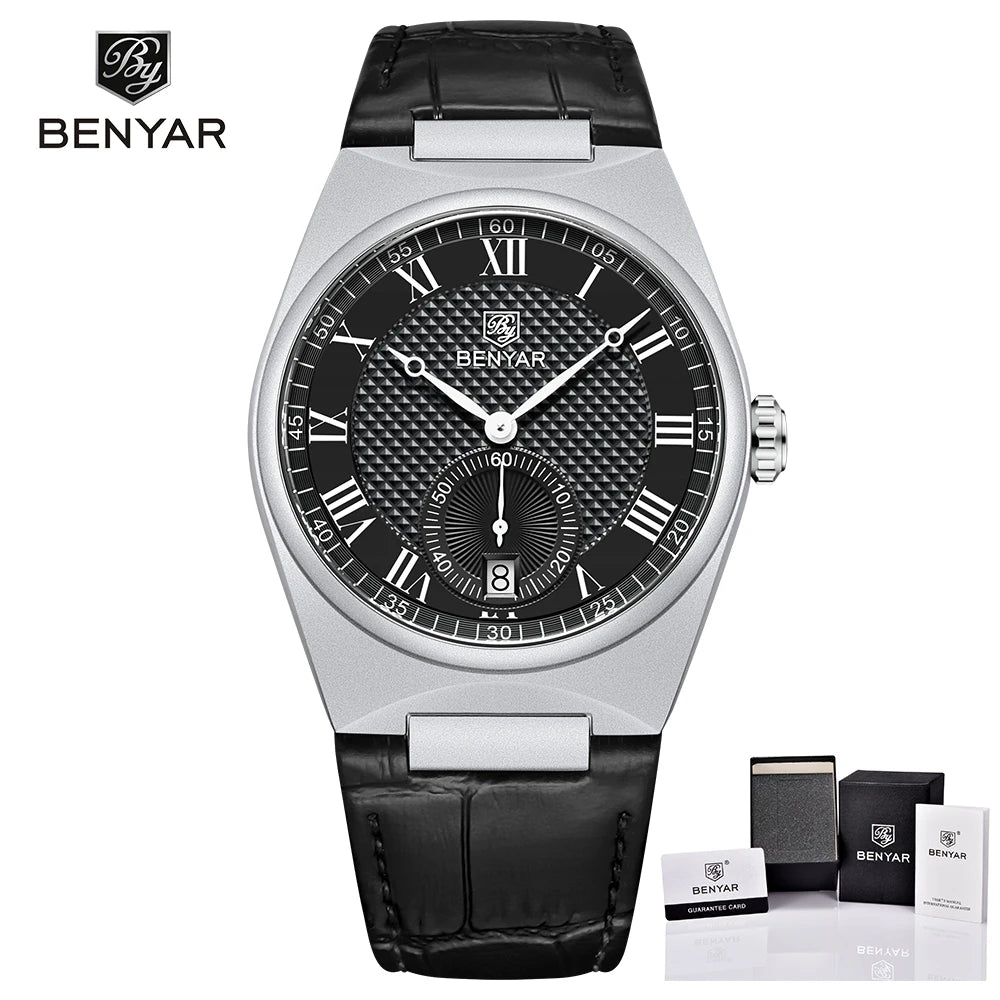 BENYAR Men's Watches Retro Dial Quartz Watch For Men Luxury 40MM Military Leather Original Watches Waterproof Clock Reloj Hombre