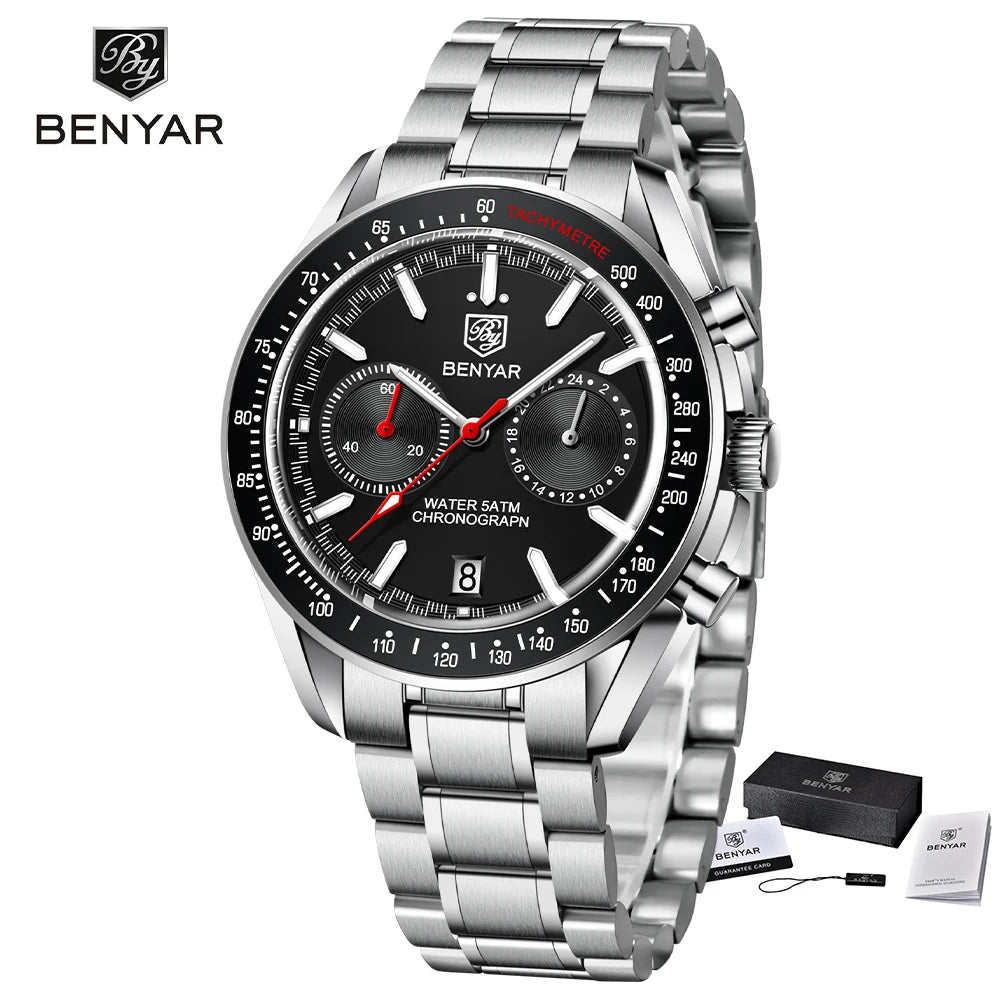 BENYAR Novo Relógio de Pulso de Luxo para Homem com Quartzo, Marca Topo, Resistente à Água até 50M, Bracelete em Aço Inoxidável, Relógio Cronógrafo Casual para Homem