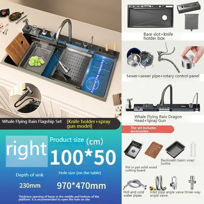 Desconto de Natal: Pia de cozinha multifuncional preta, pia grande inteligente em aço inoxidável 304 com máquina de lavar louça integrada, ideal para cozinhas de hotéis.