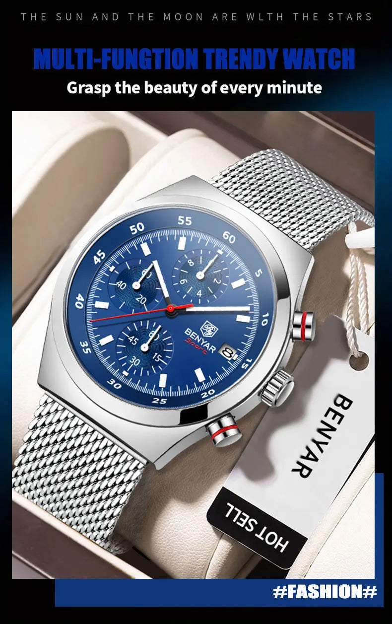 Benyar Men's Quartz Watch Simple Design Waterproof Chronograph Sports Watch Luminous Timer Stopwatch Business Wristwatch For Man