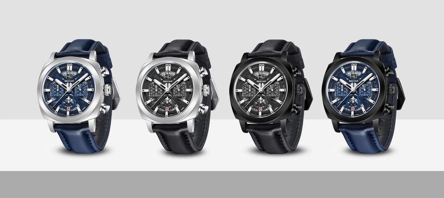 Relógio Benyar Design 2024 para homem, quartzo, 43 mm, mostrador luminoso, resistente à água até 50 m, anti-reflexo, cronógrafo, moderno e novo.