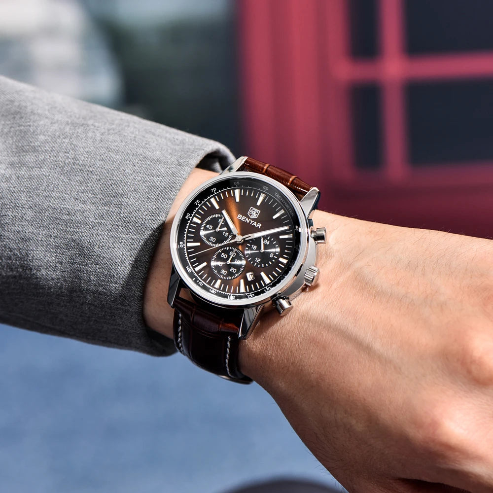 2025 New BENYAR Men's Watches Top Luxury Quartz Wristwatches Chronograph Watch For Man Waterproof Leather Sports Men Gift Clock