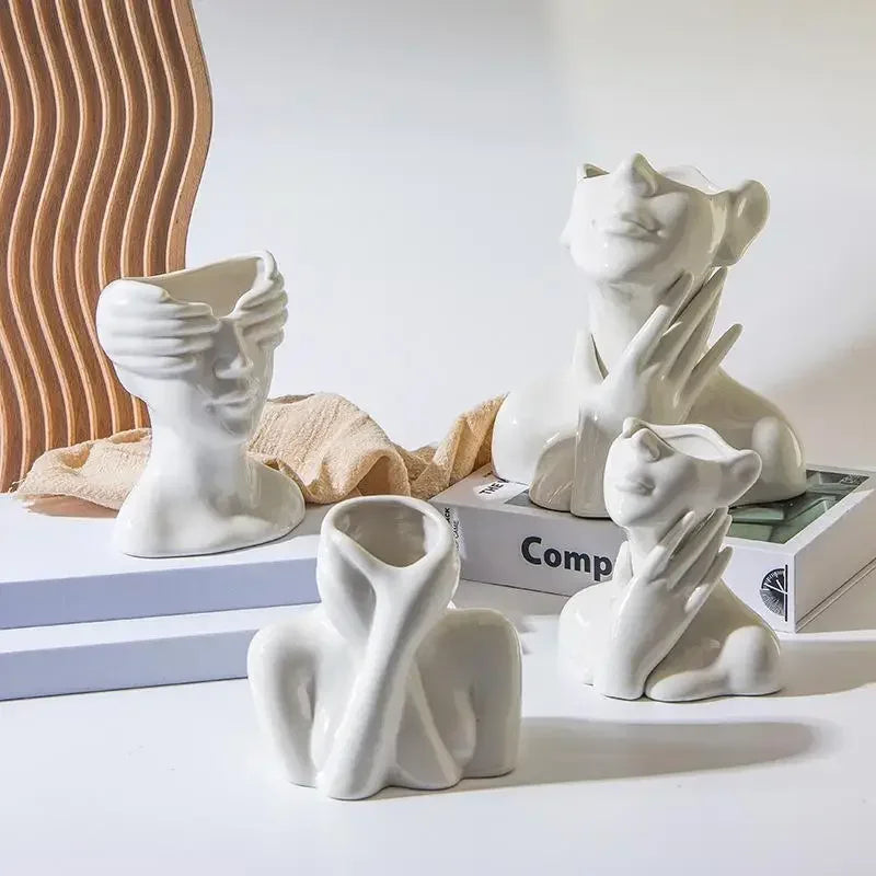 Vasos de cerâmica com rosto humano para decoração de casa, escultura de arte criativa, cabeça humana abstrata, vaso de plantas e flores para sala de estar.