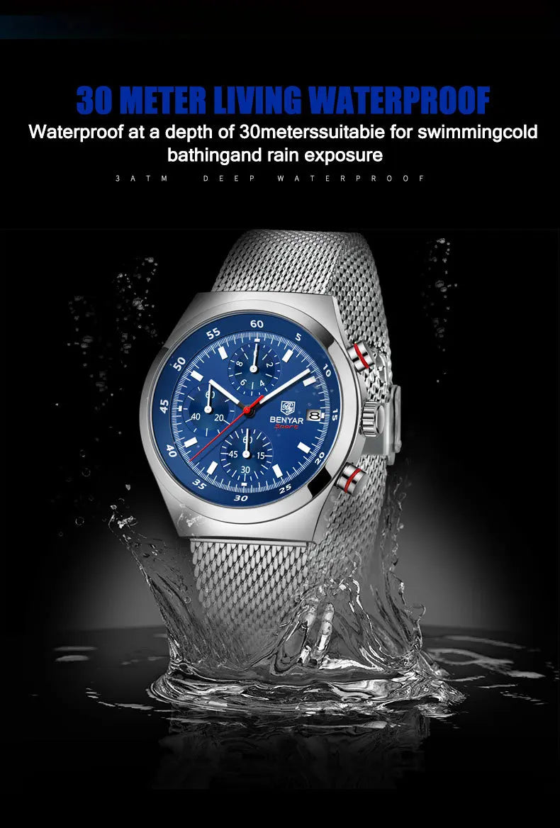 Benyar Men's Quartz Watch Simple Design Waterproof Chronograph Sports Watch Luminous Timer Stopwatch Business Wristwatch For Man