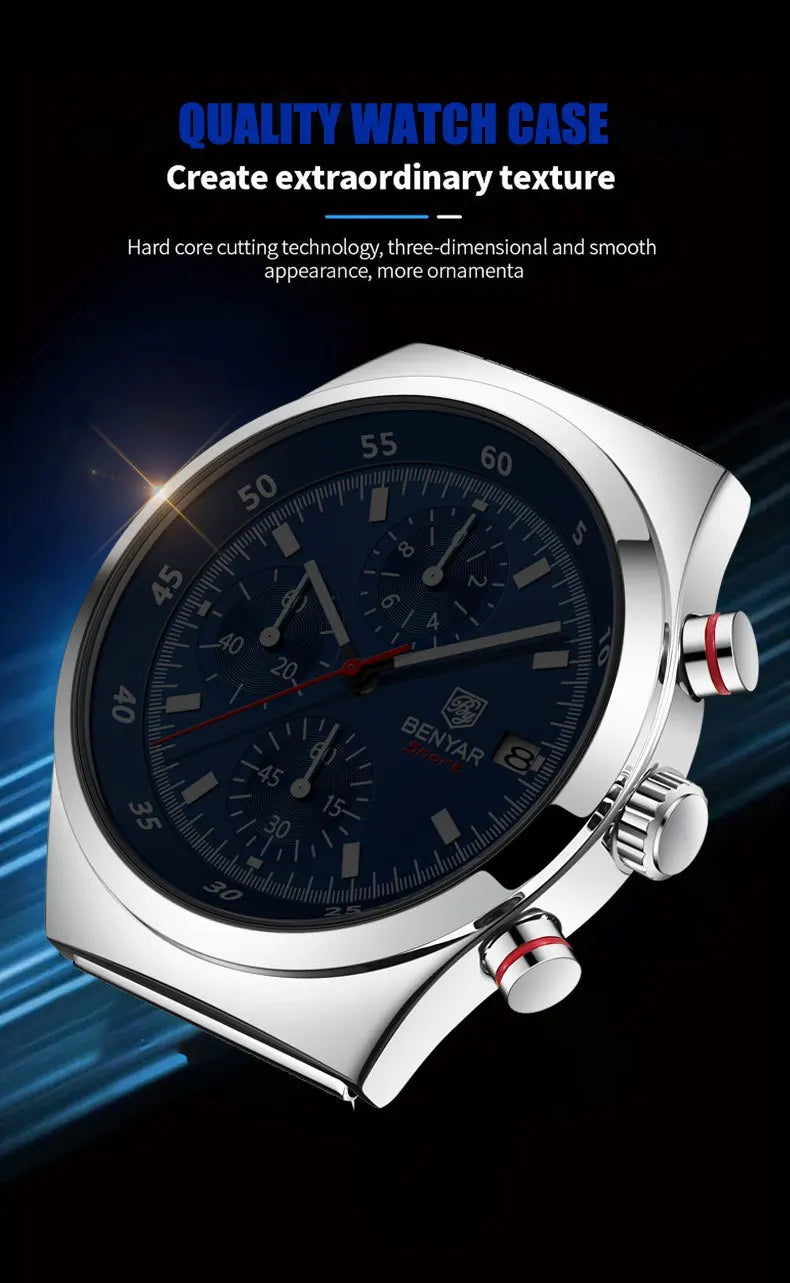 Benyar Men's Quartz Watch Simple Design Waterproof Chronograph Sports Watch Luminous Timer Stopwatch Business Wristwatch For Man