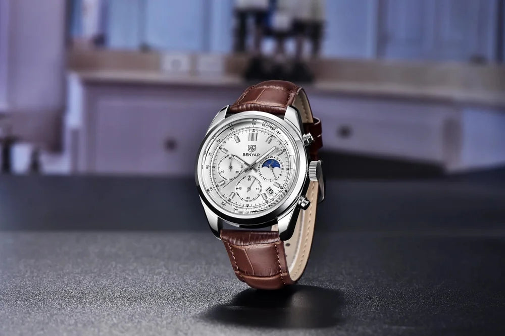 BENYAR New Men Watch 30ATM Waterproof Stainless Steel Quartz Wristwatches Luxury Leather Military Chronograph Watch reloj hombre