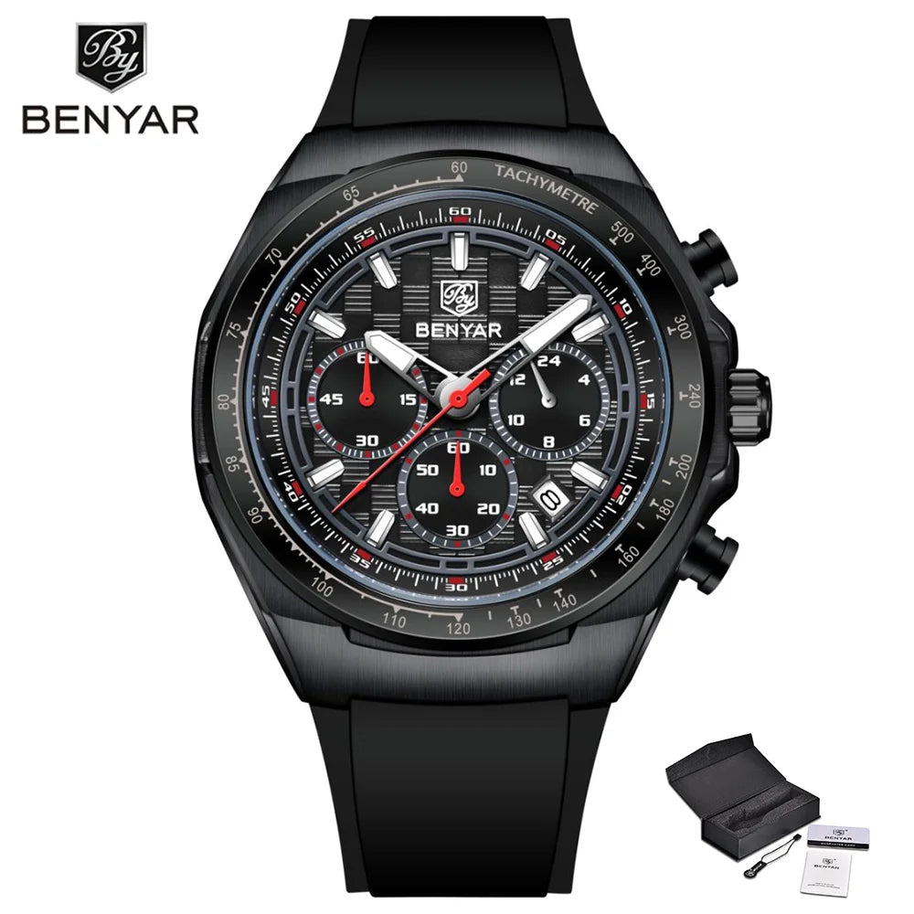BENYAR 2025 44MM Multi functional Complex Luxury Men Quartz Watches Waterproof Stainless Steel Men Chronograph Gift With Box