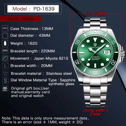 Pagani Design Mechanical Watch PD-1639 Japanese Movement Sapphire Glass Diver Style Elegant Timepiece for Men Automatic watches