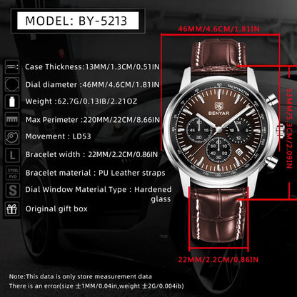 2025 New BENYAR Men's Watches Top Luxury Quartz Wristwatches Chronograph Watch For Man Waterproof Leather Sports Men Gift Clock