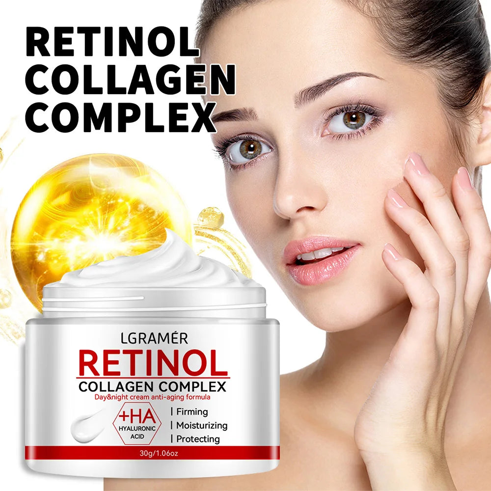 Creme facial refirmante com retinol e colagénio para suavizar as rugas, hidratar, clarear e iluminar a pele.