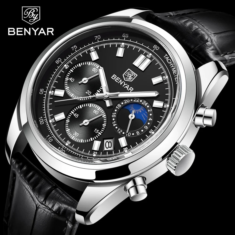 BENYAR New Men Watch 30ATM Waterproof Stainless Steel Quartz Wristwatches Luxury Leather Military Chronograph Watch reloj hombre