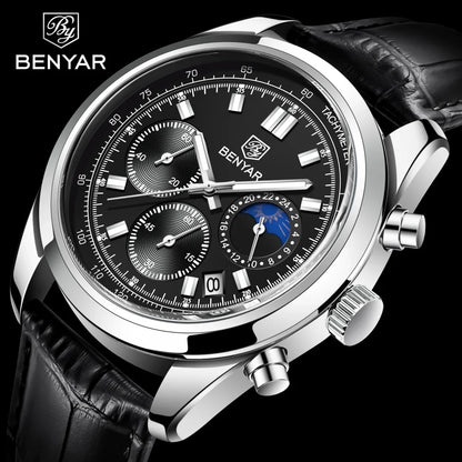 BENYAR New Men Watch 30ATM Waterproof Stainless Steel Quartz Wristwatches Luxury Leather Military Chronograph Watch reloj hombre