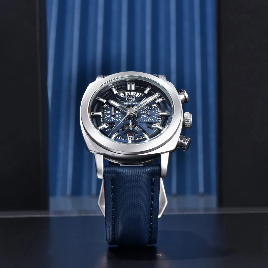 Relógio Benyar Design 2024 para homem, quartzo, 43 mm, mostrador luminoso, resistente à água até 50 m, anti-reflexo, cronógrafo, moderno e novo.