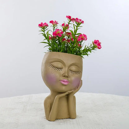 Face Flower Pot Sleeping Beauty Smooth Edge Human Head Planter Decorative Artistic Resin Drainage Plant Pot For Garden