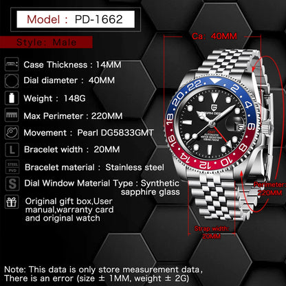 PAGANI DESIGN New GMT Men's Watch Luxury Sapphire Automatic Mechanical Watch 40MM Stainless Steel 100M Waterproof Watch