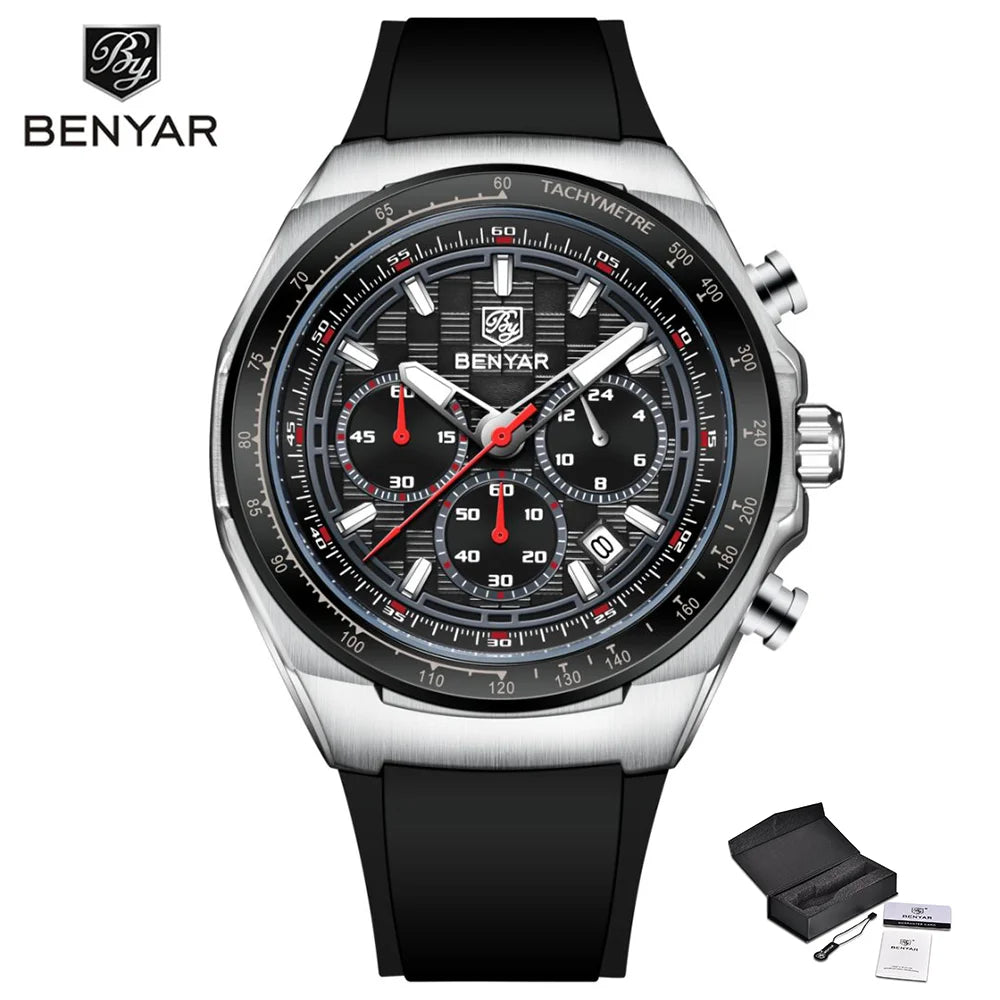 BENYAR 2025 44MM Multi functional Complex Luxury Men Quartz Watches Waterproof Stainless Steel Men Chronograph Gift With Box