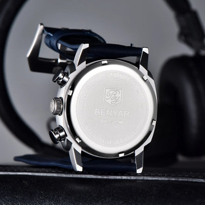 Relógio Benyar Design 2024 para homem, quartzo, 43 mm, mostrador luminoso, resistente à água até 50 m, anti-reflexo, cronógrafo, moderno e novo.