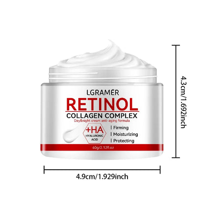 Creme facial refirmante com retinol e colagénio para suavizar as rugas, hidratar, clarear e iluminar a pele.