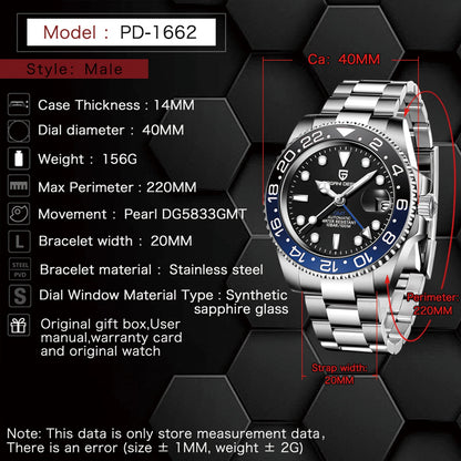 PAGANI DESIGN New GMT Men's Watch Luxury Sapphire Automatic Mechanical Watch 40MM Stainless Steel 100M Waterproof Watch