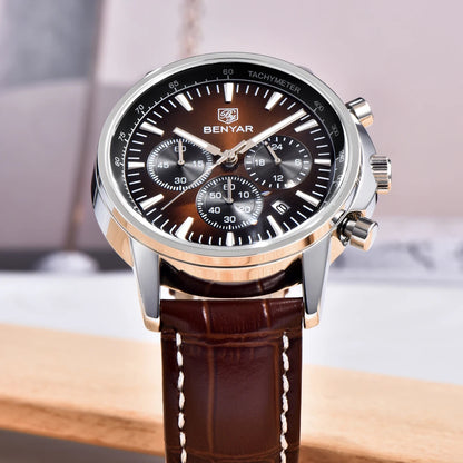2025 New BENYAR Men's Watches Top Luxury Quartz Wristwatches Chronograph Watch For Man Waterproof Leather Sports Men Gift Clock