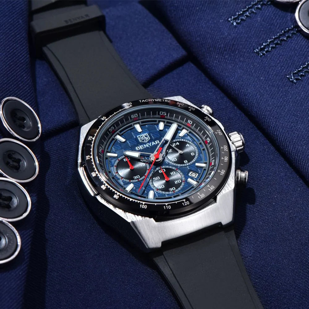 BENYAR 2025 44MM Multi functional Complex Luxury Men Quartz Watches Waterproof Stainless Steel Men Chronograph Gift With Box