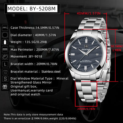 BENYAR 2024 New 40MM Desert Texture Luxury Men's Night Light Stainless Steel Men's Automatic Mechanical Watches BY-5208 Reloj