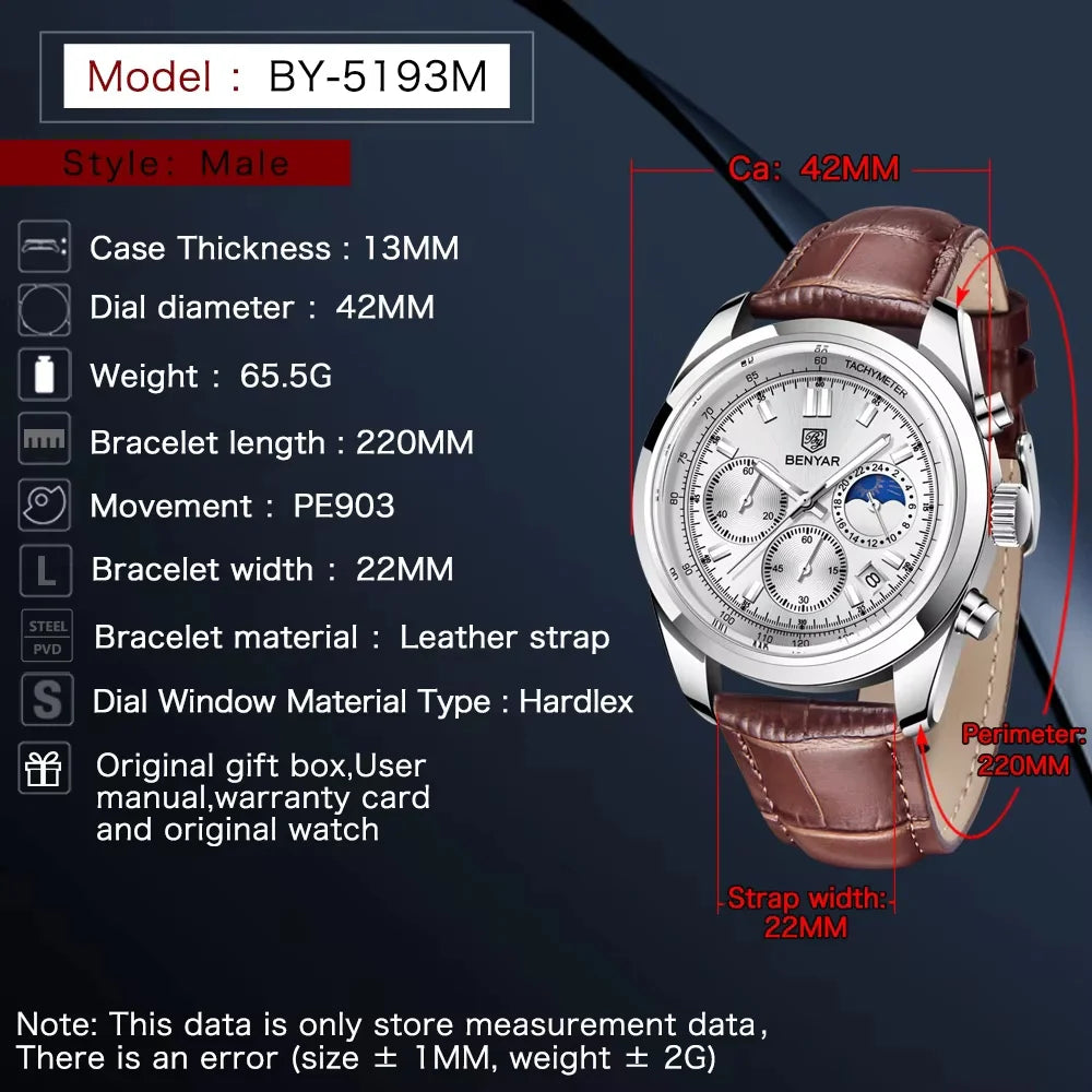 BENYAR New Men Watch 30ATM Waterproof Stainless Steel Quartz Wristwatches Luxury Leather Military Chronograph Watch reloj hombre