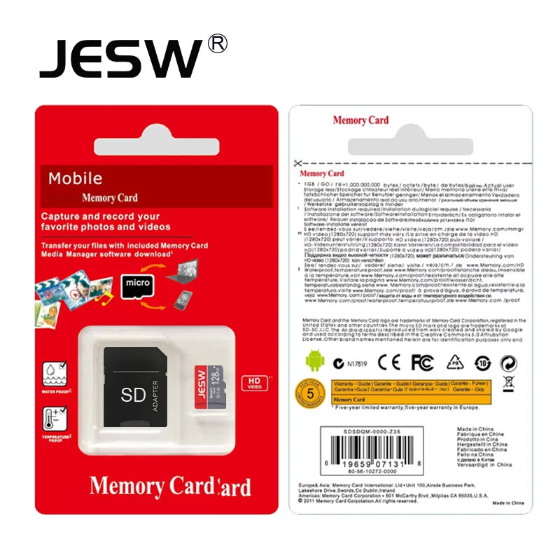 Cartão de memória JESW Micro Ultra SD de 256 GB, cartão flash TF A1 V10 C10 U1, 32 GB, 64 GB, 16 GB, 8 GB, 4 GB, Micro para câmara, drone, telemóvel, mesa de comutação